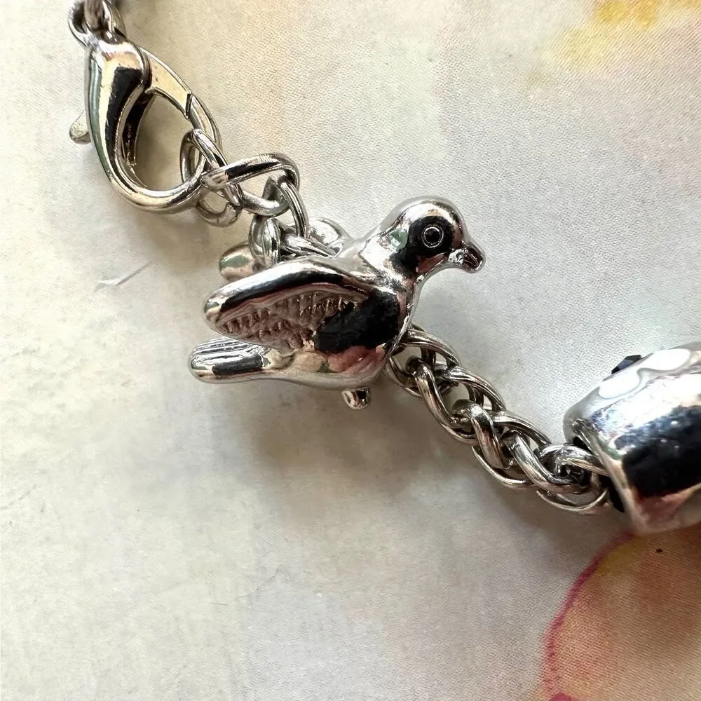 Silver tone bird flower peace owl charm bracelet